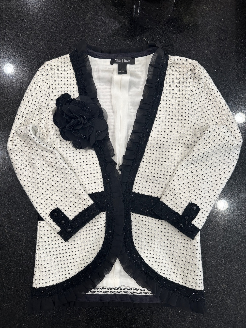 White & Black Tweed Floral Trim Cardigan